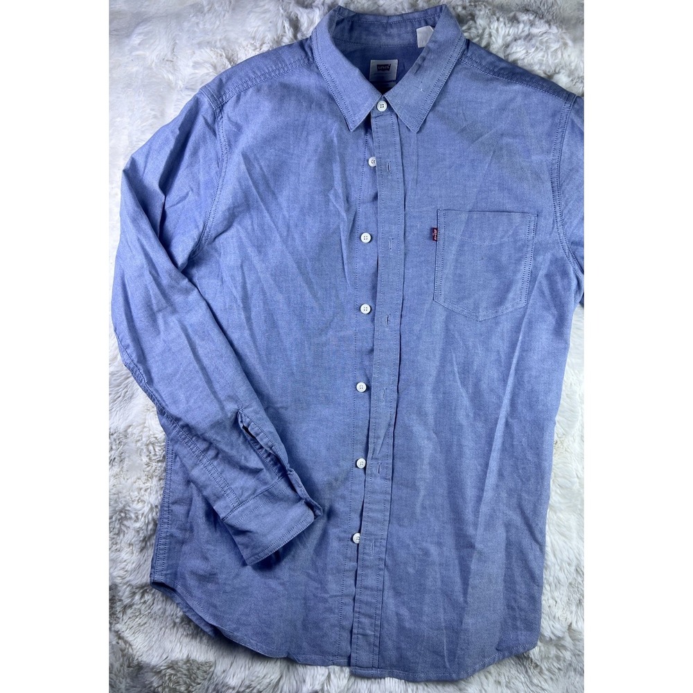 Levi's Mens S Blue Solid Standard Fit Long Sleeve Button-Up Shirt Pockets A27